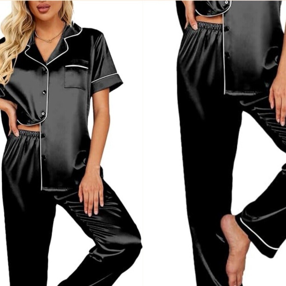Pajama Set Womens Black Satin-Feel 2pc Button Top Pants Piping​